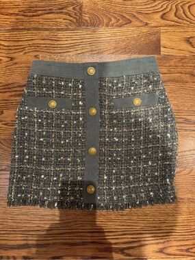 Ramy Brook Tweed Button-Front Mini Skirt in Olive Green